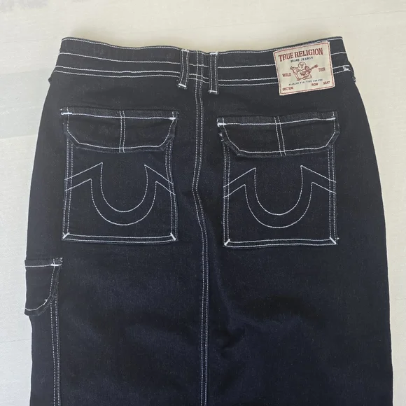 True Religion Black Denim Contrast Stitch Maxi Skirt | Cargo Pocket | Size 27 - Picture 6 of 14